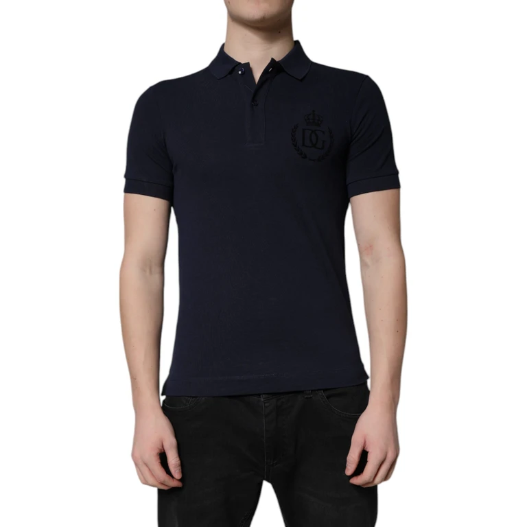 Dolce & Gabbana Dark Blue Cotton Crown Collared Polo T-Shirt - Men