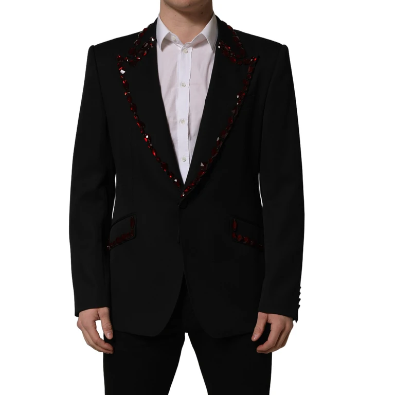 Dolce & Gabbana Black Crystal Embellished Coat Blazer Jacket Virgin Wool Silk Polyester Clothing - Men