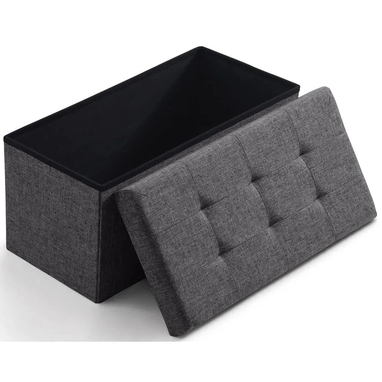 Foldable Tufted Linen Bench Storage Ottoman