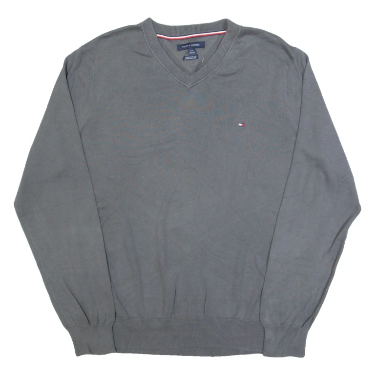 TOMMY HILFIGER Mens Jumper Grey V-Neck Tight Knit L