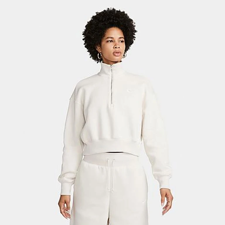Nike Women's Sportswear Phoenix Fleece Oversized Half-Zip Crop Sweatshirt in Light Orewood Brown/Sail Size: XS
