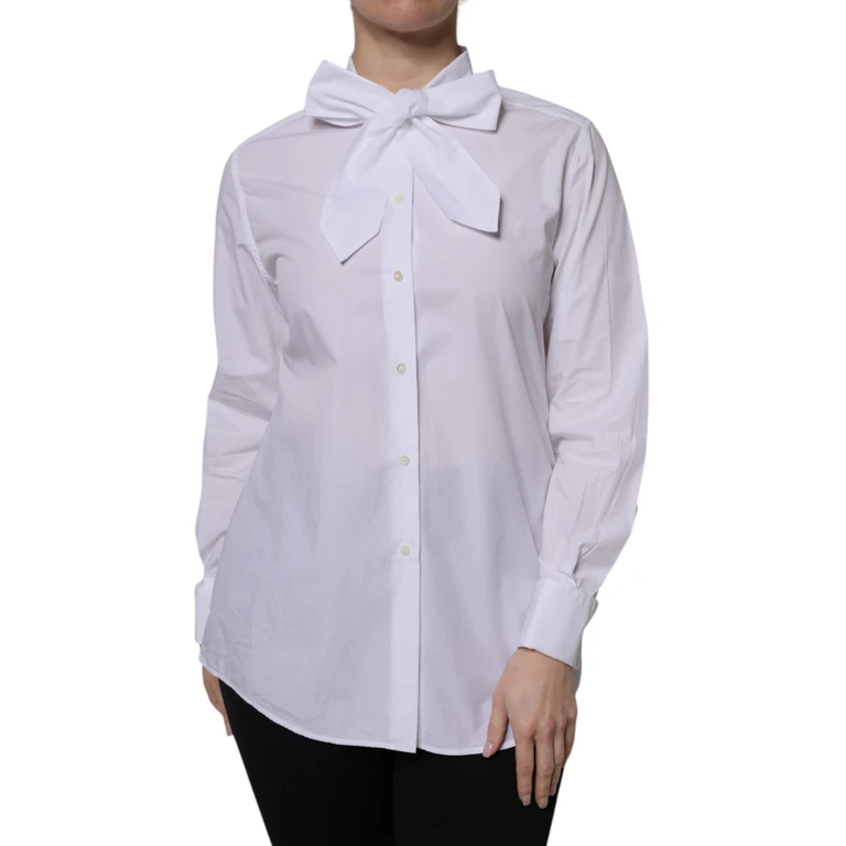 White Ascot Collar Long Sleeve Blouse Top Cotton - Women