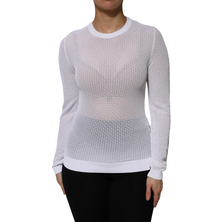 White Round Neck Long Sleeves Pullover Top Viscose Polyester - Women