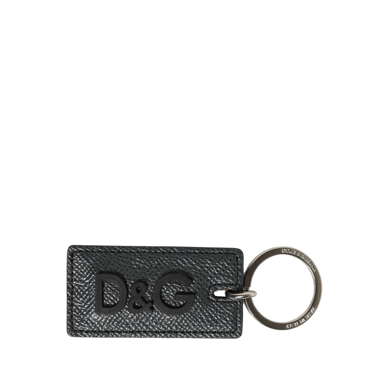 Dolce & Gabbana Black Calf Leather D & g Logo Metal Ring Keyring Keychain Silver - Women