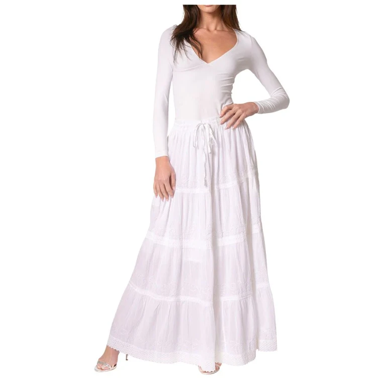 Sakkas Solid Embroidered Crochet Lace Trim Gypsy Bohemian Mid Length Cotton Skirt