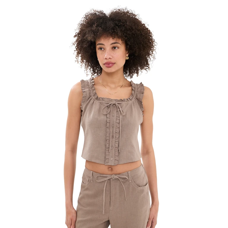 LE JEAN Linen Ruffle Cami Driftwood XS