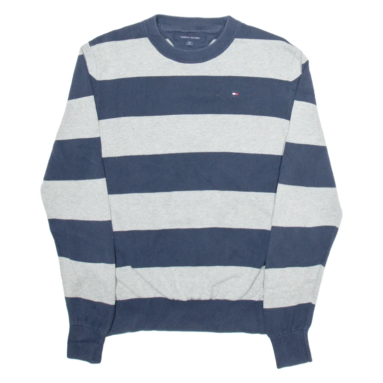 TOMMY HILFIGER Mens Patterned Jumper Grey Striped Tight Knit S