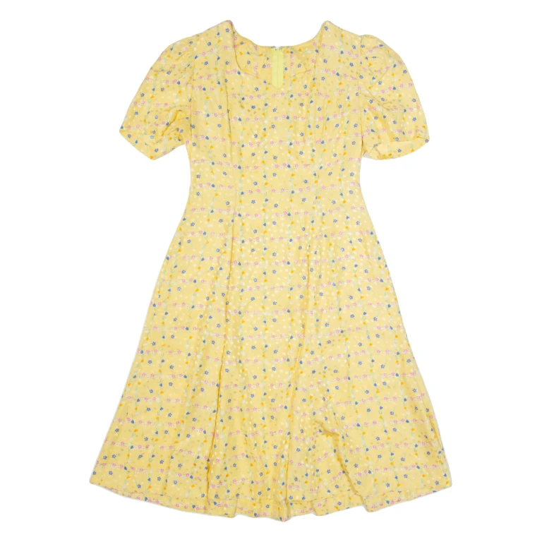 Womens A-Line Dress Yellow 90s Floral Short Sleeve Midi M