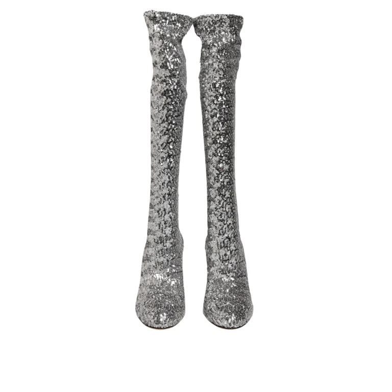 Dolce & Gabbana Shoes Silver Sequins Glitter High Heel Boot - Women