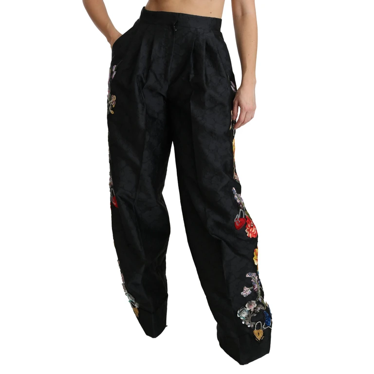 Dolce & Gabbana Black Brocade Floral Sequined Beaded Pants Polyester Silk Nylon - Women