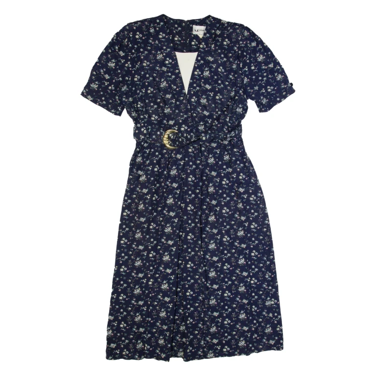 SL FASHIONS Womens A-Line Dress Blue 90s Floral Long Sleeve Long M