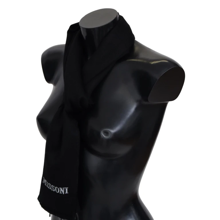 Missoni Black Wool Unisex Neck Wrap Fringes Logo Scarf - Men