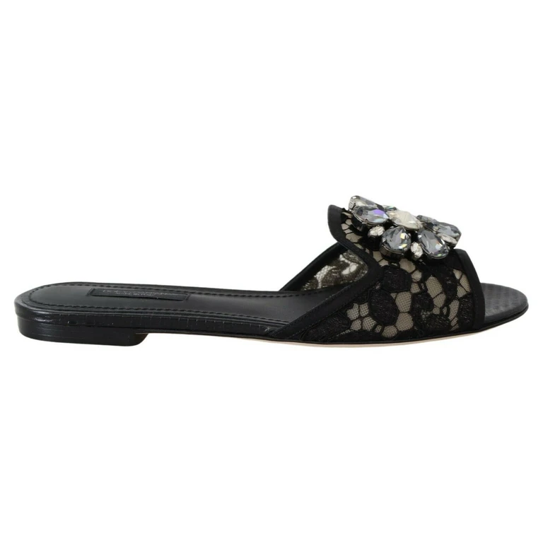 Dolce & Gabbana Black Taormina Lace Slides Crystals Flats Shoes - Women