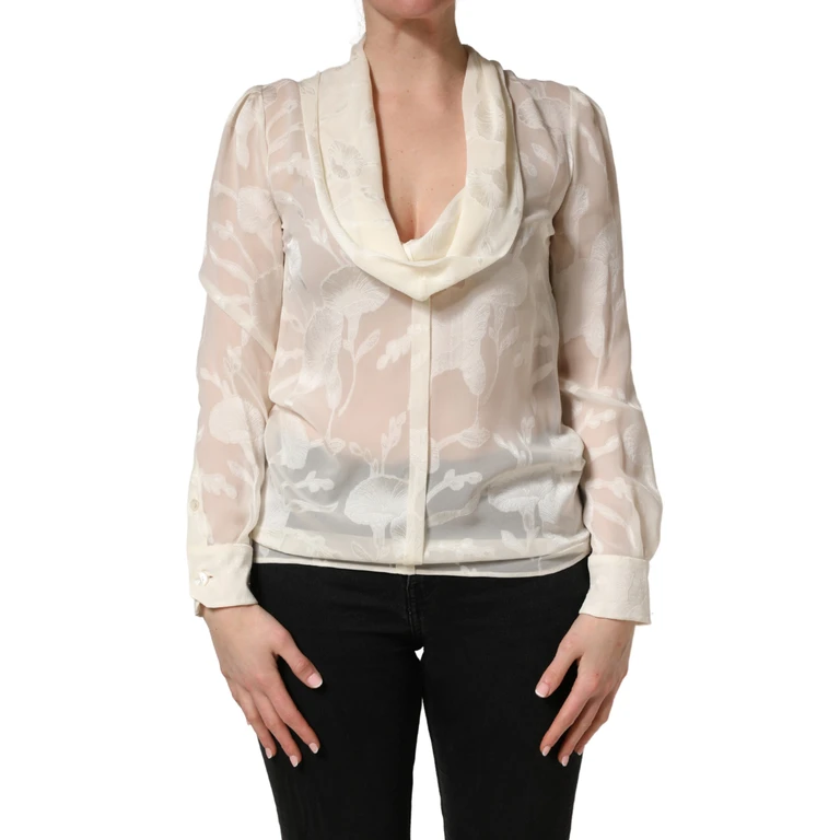 Dolce & Gabbana Off White Floral Semi Sheer Silk Blouse Top - Women
