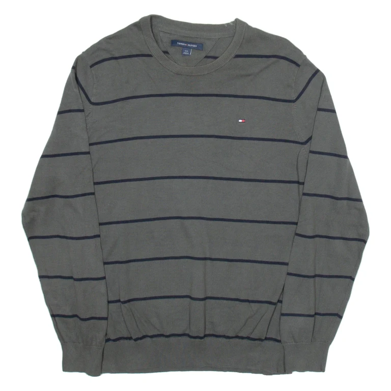 TOMMY HILFIGER Mens Patterned Jumper Grey Striped Tight Knit L