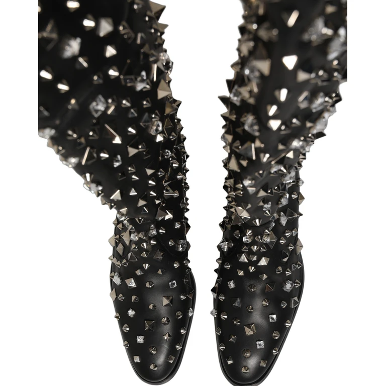 Dolce & Gabbana Black Crystal Embellished High Boots Shoes Leather Accessory - Men
