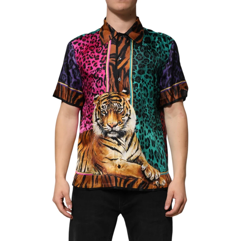 Dolce & Gabbana Multicolor Silk Tiger Print Hawaiian T-Shirt - Men
