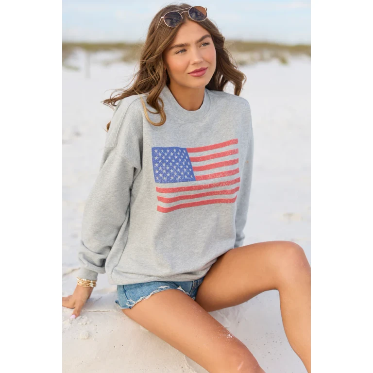 Distressed Flag Light Grey Graphic Sweatshirt