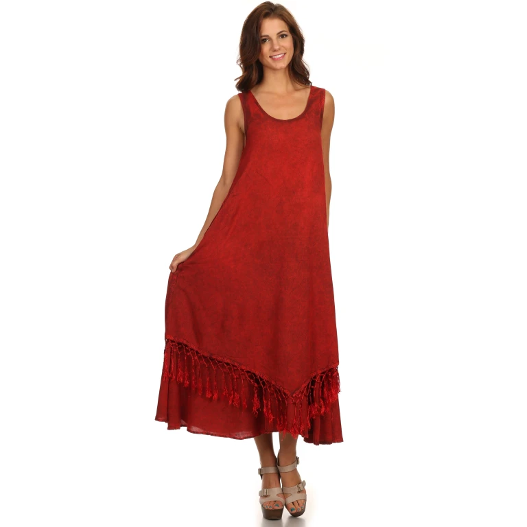 Sakkas Emma Relaxed Fit Scoop Neck Double Layered with Fringe Tank Dress