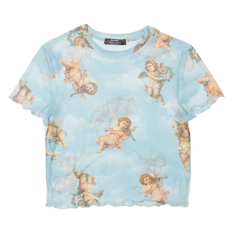 BERSHKA Sheer Womens Printed Top Blue M