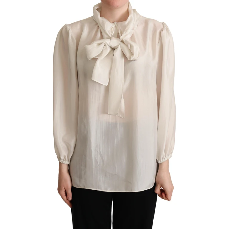 Dolce & Gabbana Light Gray Ascot Collar Shirt Silk Blouse Top - Women