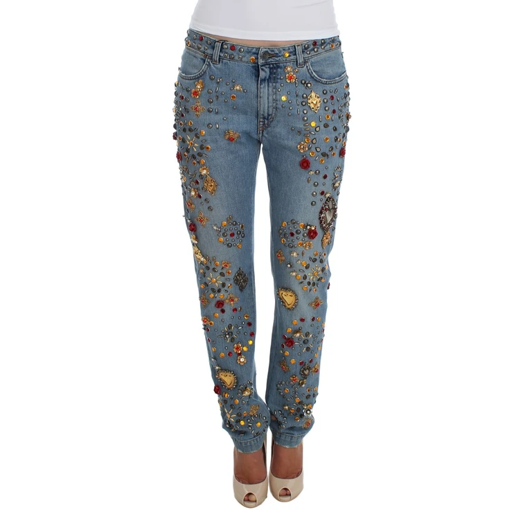 Dolce & Gabbana Crystal Roses Heart Embellished Jeans Blue Viscose Clothing - Women