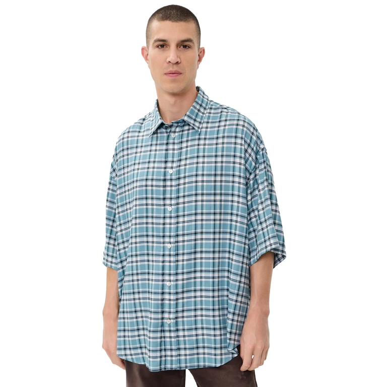 Acne Studios Setar Fluid Check Flannel Shirt Turquoise/Blue/White 48