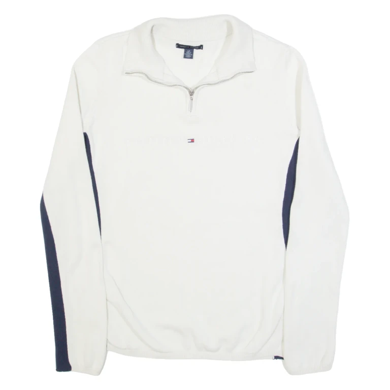 TOMMY HILFIGER Womens Jumper White 1/4 Zip Tight Knit S