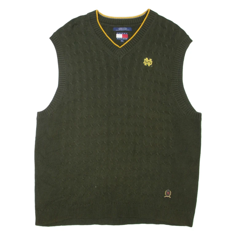 TOMMY HILFIGER Mens Jumper Green V-Neck Cable Knit Sleeveless XL