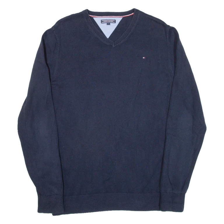 TOMMY HILFIGER Mens Jumper Blue V-Neck Tight Knit S