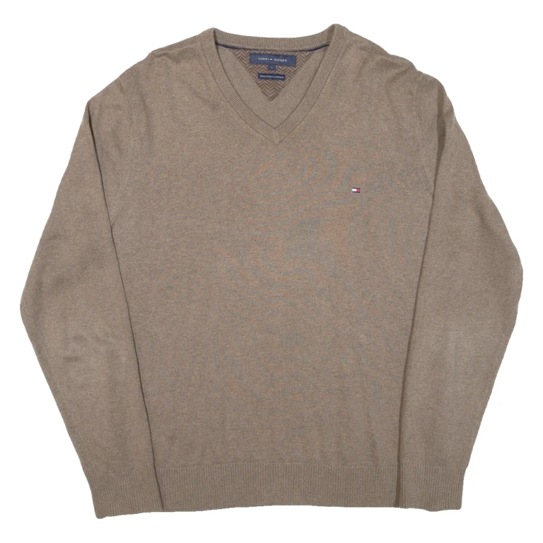 TOMMY HILFIGER Mens Jumper Brown V-Neck Tight Knit L