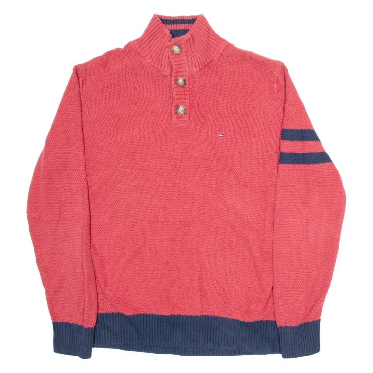 TOMMY HILFIGER Mens Jumper Red 1/4 Zip Tight Knit L