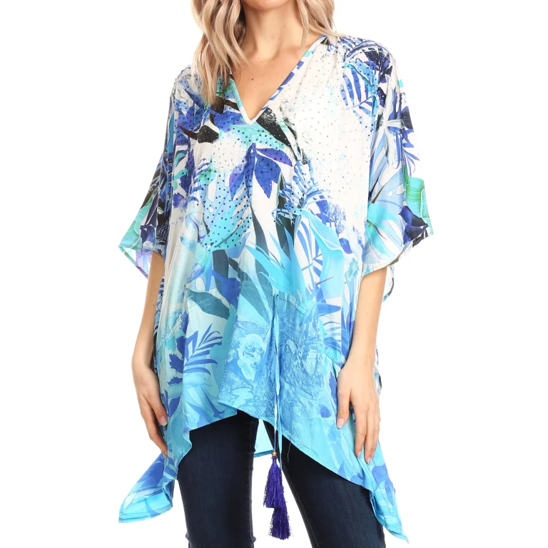 Sakkas Danis Women's Oversized Casual Pullover V-neck Short Sleeve Boho Top Blouse