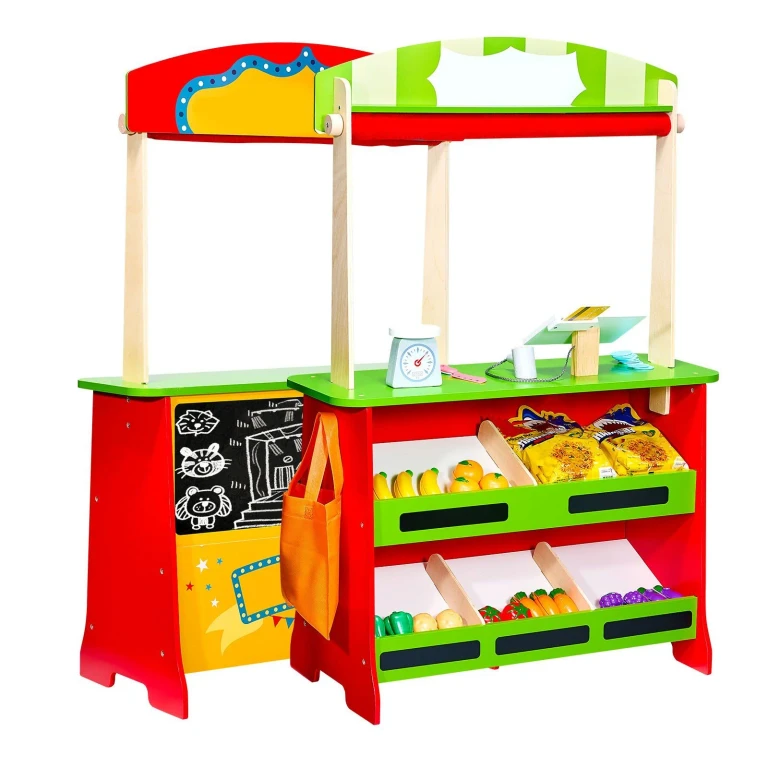 Wooden Puppet Theater 2-in-1 Reversible Play Store Kids Play Market Stand - Multicolor