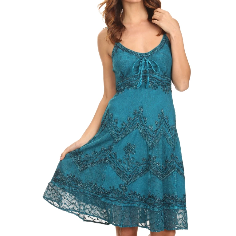 Sakkas Stonewashed Rayon Adjustable Spaghetti Straps Mid Length Dress