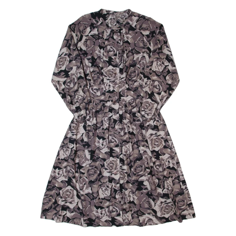 Womens A-Line Dress Grey 90s Floral Long Sleeve Long S