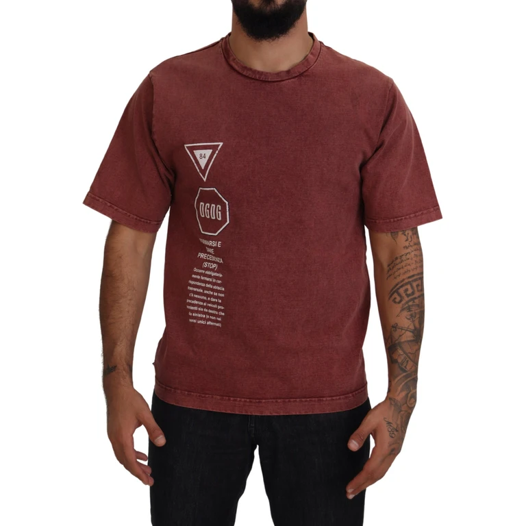 Dolce & Gabbana Maroon Print Round Neck Short Sleeves T-Shirt Cotton - Men