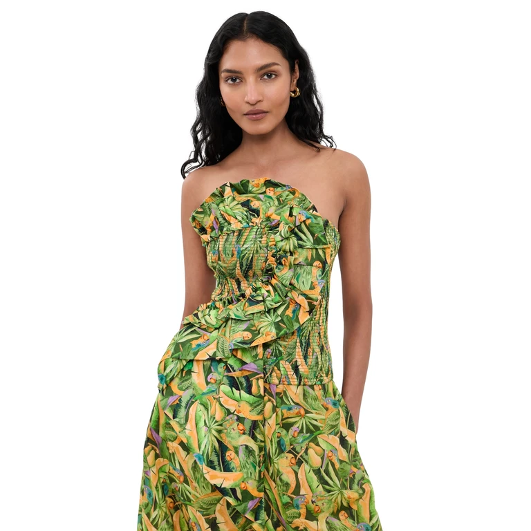 FARM Rio Smocked Strapless Top Parrots Forest Green L