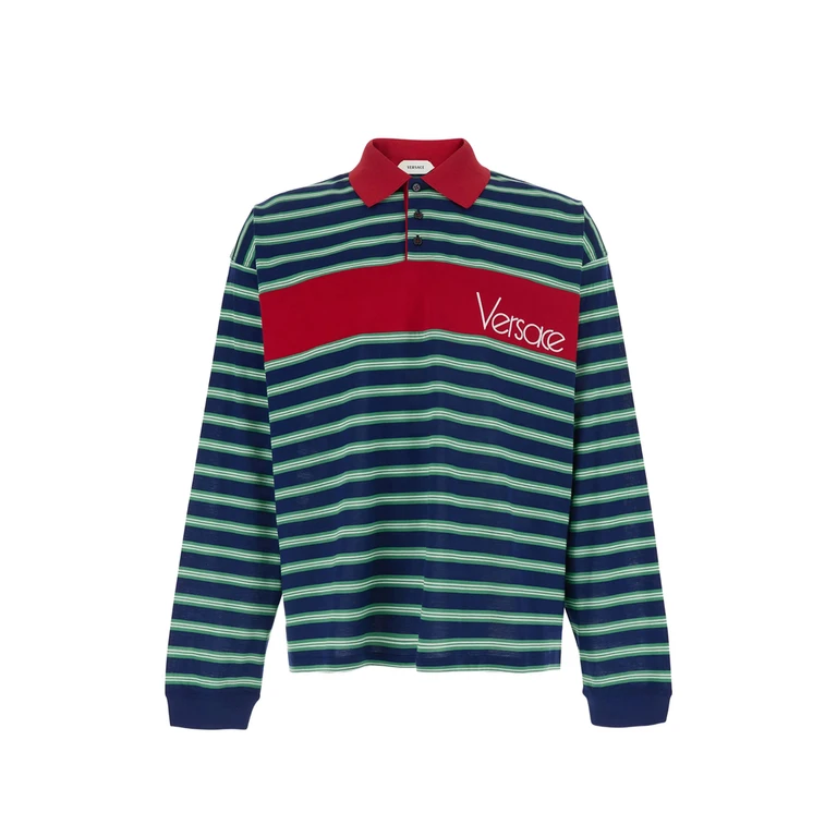 Versace Logo-detail Striped Long-sleeve Polo Shirt