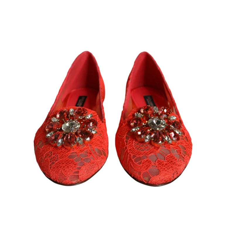 Dolce & Gabbana Coral Lace Crystal Ballet Flats Loafers Shoes Viscose Cotton Nylon - Women