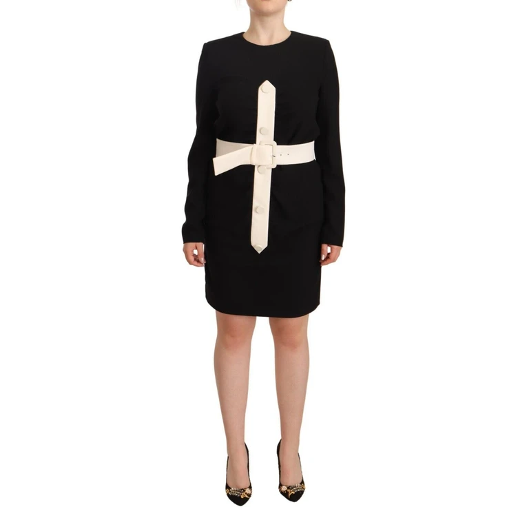 Black Wool Long Sleeves Belted Mini Sheath Dress - Women