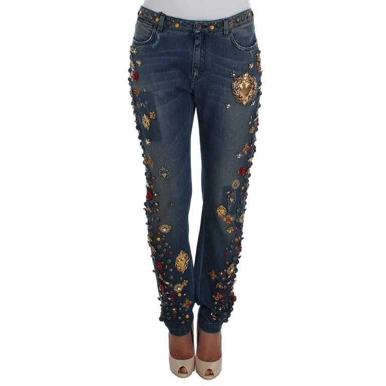 Dolce & Gabbana Crystal Roses Heart Embellished Jeans Blue Viscose Clothing - Women