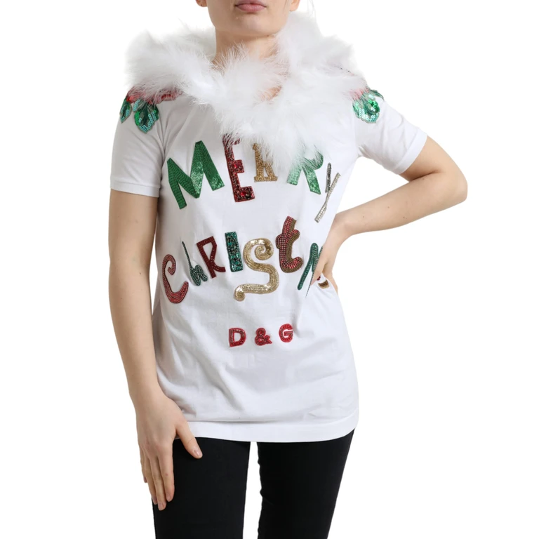 Dolce & Gabbana White Cotton Christmas Sequin Fur T-Shirt - Women