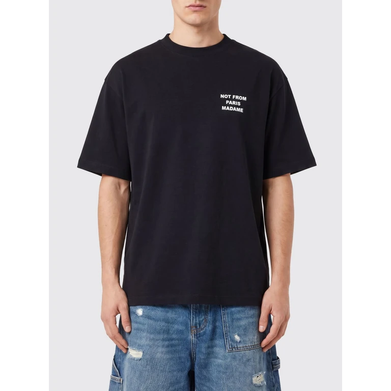 Drôle de Monsieur Crewneck Cotton T-shirt with Logo and Slogan Print (TS203CO002BLACK)