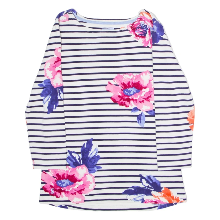 JOULES Striped Floral Womens T-Shirt White 3/4 Sleeve UK 8