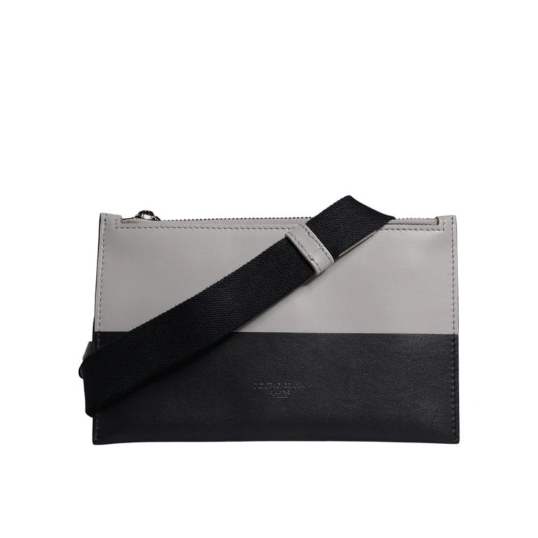Dolce & Gabbana Black White Leather Logo Embossed Crossbody Bag And Calfskin Viscose Polyester - Men