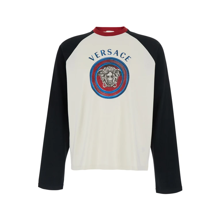 Long-Sleeved Cotton T-shirt with Medusa Logo and Contrast Trims (10255961A185022W0K0)