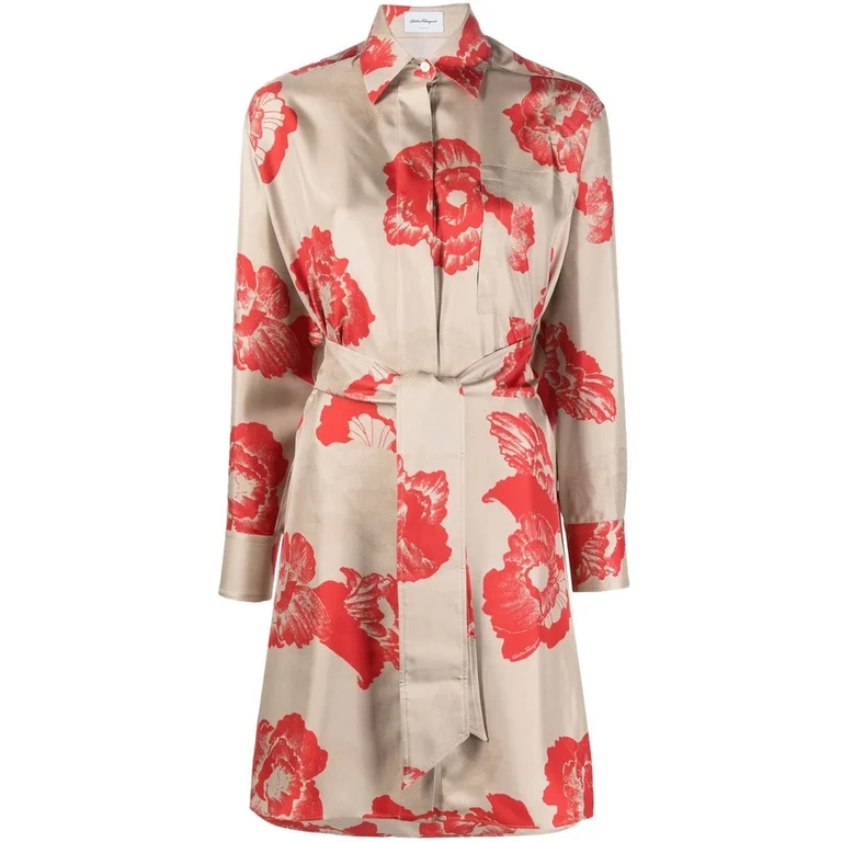 Ferragamo Floral Print Belted Shirt Dress