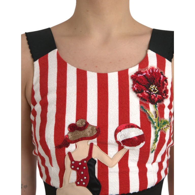 Dolce & Gabbana Red White Floral Sleeveless Sheath Midi Dress And Cotton Elastane - Women
