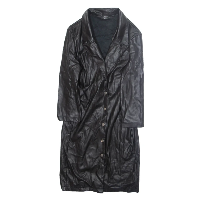 BERSHKA Womens Overcoat Jacket Black Faux Leather M